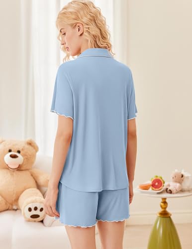 Image of Ekouaer Button Up Pajamas Set for Women Short Sleeve Ribbed Knit Sleepwear 2 Piece Pjs Shorts Set