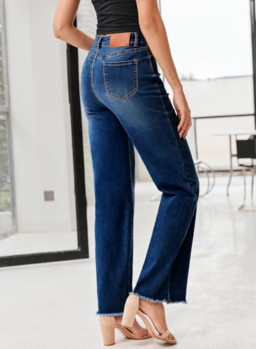 Sidefeel Women's Wide Leg Jeans High Waisted Stretchy Baggy Diagonal Waist Raw Hem Denim Pants2