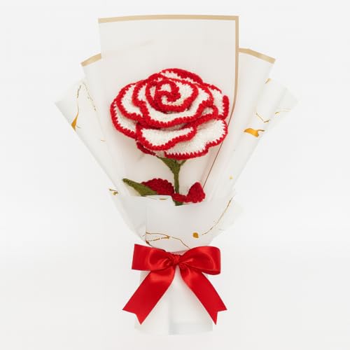 Image of Handmade Crochet Rose Bouquet - Red & White Yarn Flower with Satin Ribbon Wrap | Forever Gift for Valentine's Day, Birthday, Anniversary & Romantic Home Decor