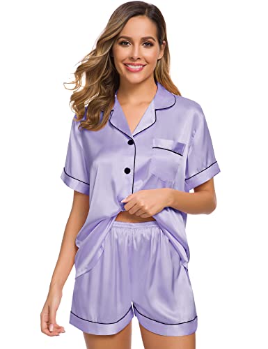 Image of SWOMOG Womens Silk Satin Pajamas Set Short Sleeve Sleepwear Button Down Top and Shorts Loungewear 2 Piece Pjs Set XS-3XL