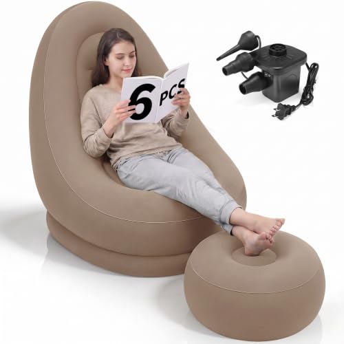JolliLudo 6 Sets Inflatable Bean Bag Chairs Set with Ottoman Electric Pump Folding Blow up Lazy Sofa Loungers Chair with Footstool Couch for Movie Night Film Marathon Gaming Camping (Coffee)