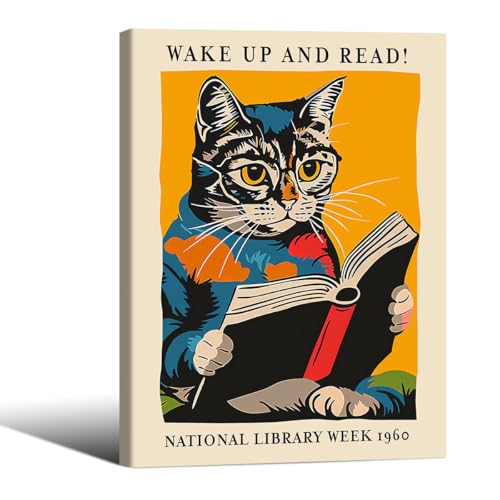 Cute Cat Reading Book Wall Art Bookish Quotes Poster 08x10 inch Framed Vintage Mid Century Animal Canvas Prints Cat Lover Gifts for Library Bedroom Wall Decor