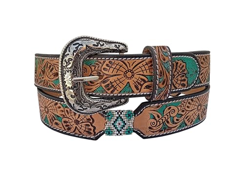 Handcrafted Western Leather Belt Floral Design, Turquoise Paint, Beaded & Accents 30IS0192