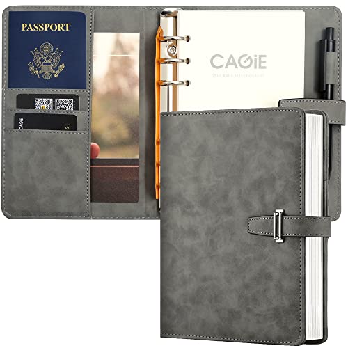 CAGIE Binder Refillable Leather Notebook 6 Ring Binder Notebook Planner for Work A5 Undated Calendar Diary Ruled Notebook Journal for Men Women (Gray)