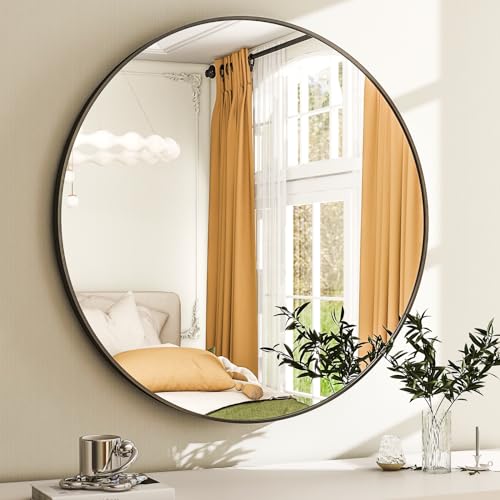 24 Inch Round Bathroom Mirror - Black Wall Mounted Circle Mirror with Metal Frame, Modern Round Hanging Mirror Suitable for Bathroom, Vanity, Entryway, Living Room by Easly - Image 2