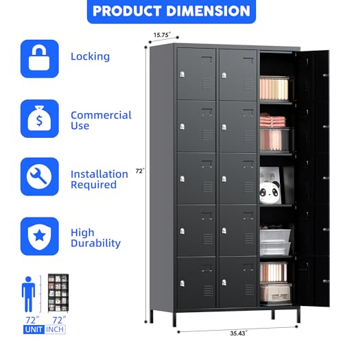 Image of METAN Metal Locker for School Office Gym Bedroom, 15 Doors Black Steel Storage Locker Cabinet for Employees, Industrial Storage Locker, Assembly Required (15 Door-Black)