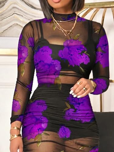Image of Rodawu Women's Sexy See-Through 3-Piece Set Midi Dress Outfits