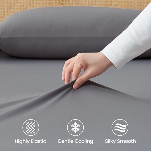 Cozy Bliss Premium Cooling Sheet Set Queen Size, Q-Max>0.4, 3PCS No Flat Sheet with 2 Pillowcases, Breathable Fitted Sheet for Hot Sleepers & Night Sweats, Deep Pocket Up to 18 Inches, Dark Grey