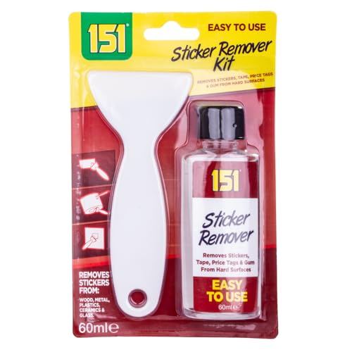 151 Sticker Remover Kit - Removes Stickers Tape Price Tags & Gum from Wood Metal Plastics Ceramics & Glass | Easy To Use (60ml + Scraper)