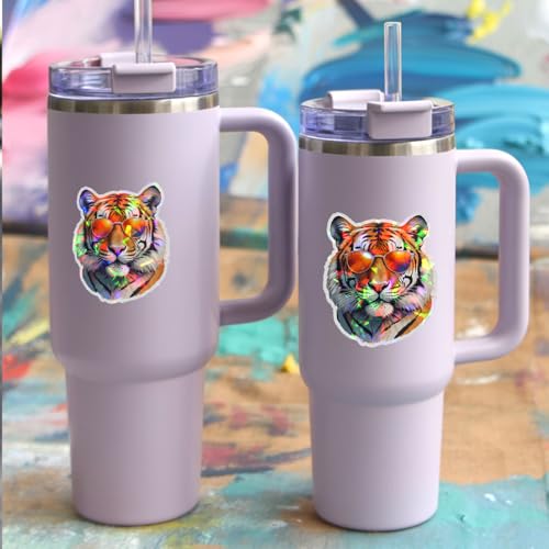 Image of (3Pcs) Cool Tiger Sticker, Tigers Sunglasses Sticker, King Animal Decal, Tiger Face Stickers, Ti-ger Bumper Vinyl Decal - Stickers for Laptop Water Bottle Phone Car Window Helmet (Hologram 3 inch)