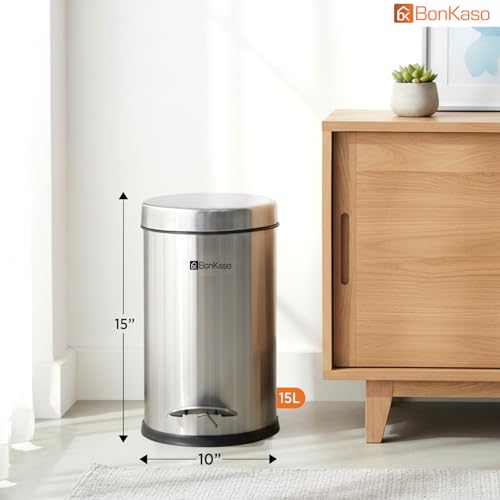 Image of Bonkaso 15L Stainless Steel Pedal Dustbin with Lid & Plastic Inner Bucket (10x15 Inch) | Foot Operated Garbage /Trash Can For Home, Kitchen, Bathroom & Office | Rust Proof Round Waste Bin (Silver)