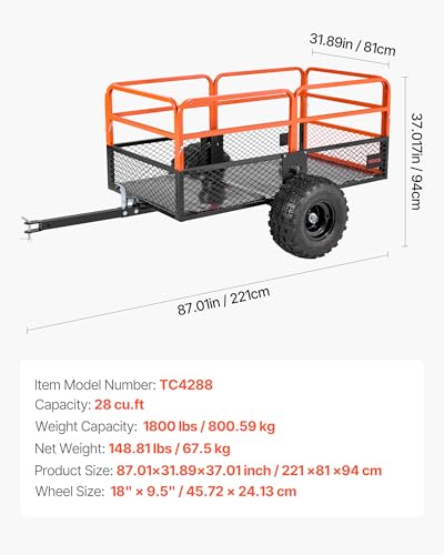 Image of VEVOR 28 Cu.Ft 1800Lbs Steel ATV UTV Trailer Tow Behind Dump Cart, Heavy Duty Pull Behind Utility Dump Trailer for Lawn Mower Trailer Tractor Garden Yard with Removable Rear Panel