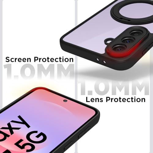 Image of RIGGEAR Shockproof Sleek Hybrid Armor 360 Rotating Magnetic Ring Stand Back Cover Case Compatible with MagSafe Accessories for Samsung Galaxy A37 5G (Clear PC + Black TPU Bumper)