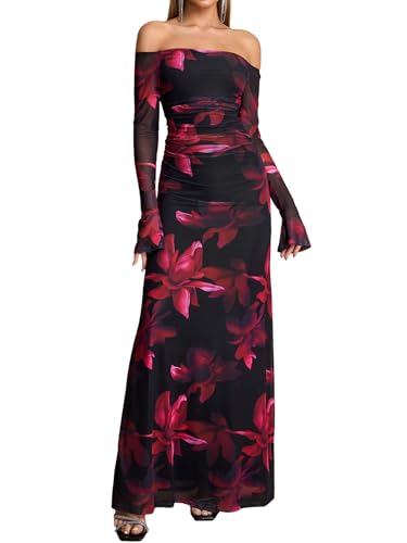Women Fall Long Sleeve Floral Bodycon Maxi Dress Sexy Off Shoulder Ruched Wedding Guest Formal Party Long Dresses