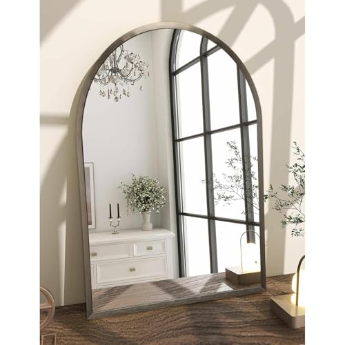 Image of Arch Bathroom Mirror, Metal Frame Wall Mounted Mirror Coffee Vanity Wall Mirror for Bedroom, Entryway, Living Room Vanity 20 inchx16 inch