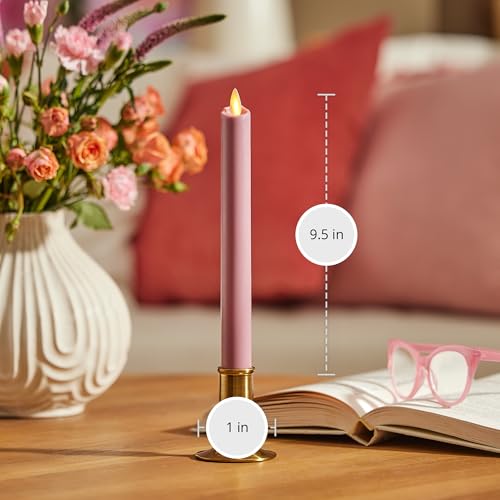 Image of Luminara Flameless Candle Taper (1 inch x 9.5 inch) Melted Top Real Wax Unscented Remote Ready Timer (Blooming Mauve)