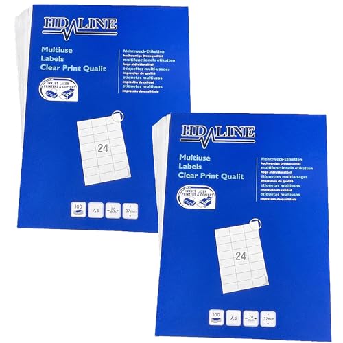 Hd-line Adressetiketten 2 Packungen, 100 Blatt, 70 x 37 mm, 4800 Stück, Selbstklebend, bedruckbar, matt, blanko Papier Adressaufkleber Etiketten, Universal, 24 pro A4 Bogen, weiß