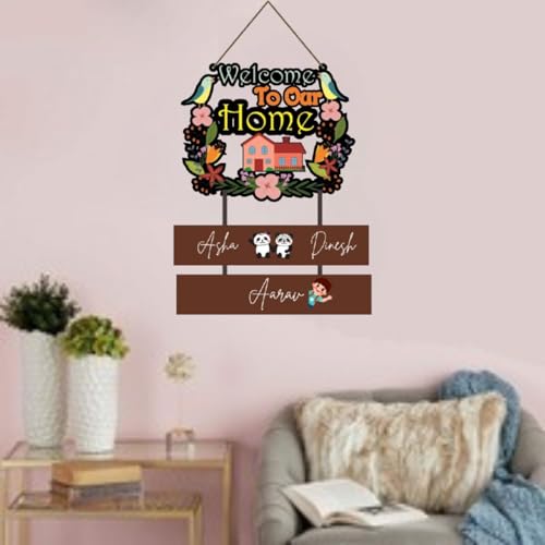 Image of Webelkart Premium Wooden Welcome To Our Home Customised Wall Hanging Name Plate For Home Entrance outdoor, Wooden Hanging House Name Plate - (16 x 10 inches)
