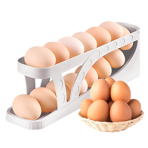 ZEJOROSE Egg DispenserAutomatic Rolling Egg Tray Organizer,2Tiers,Holds 15 Eggs Simultaneously,Space Saving Refrigerator Egg Roller,Works in The Refrigerator,Kitchen,Cabinets,Dining Table (White)