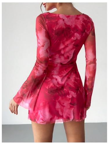 Milumia Women's Floral Bell Long Sleeve Mini Dress Boat Neck Mesh Short Dresses3