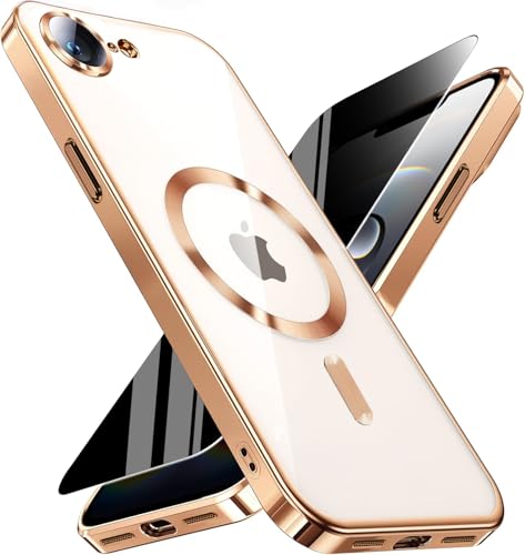 Image of Magnetic for iPhone 17e /16e Case with Privacy Screen Protector & Full Camera Cover,[Non-Yellowing] Plating Glossy Soft Shockproof Clear Phone Case with MagSafe Women Girls for iphone 16 e / 17 e,Gold
