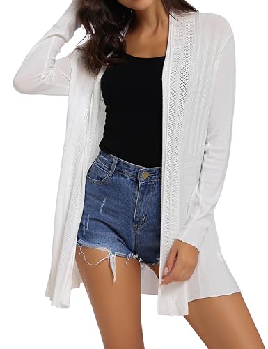 Sykooria Ladies White Cardigan Summer Jacket Long Sleeve Lightweight Open Front Waterfall Boyfriend Cardigans Sweater Blouse Top Size 6-20 - Image 2