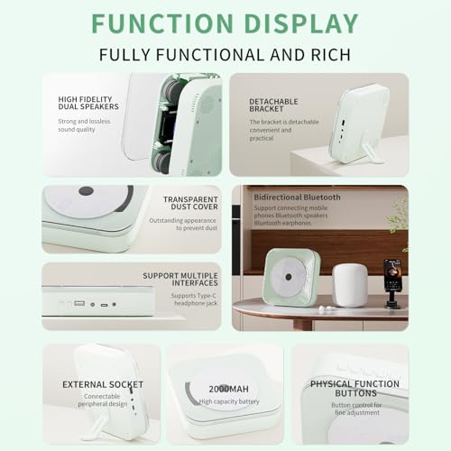 Yintiny Light Green Audio CD Player with Speakers for Home Decor (CD909) - Thumbnail 7