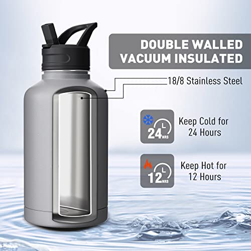 Exllena 2 Litre Stainless Steel Water Bottle, Double Insulated Water Bottles with Two Lids and Protective Silicone Boot - Image 2