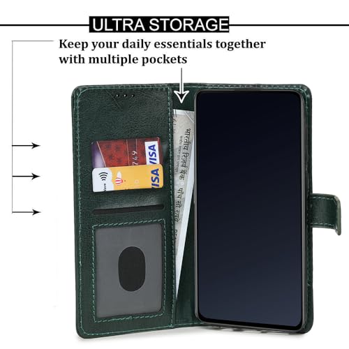 Image of amazon basics Flip Cover Back Case for Redmi Note 14 Pro 5G | Genuine Leather Finish | Designer Button | Inbuilt Pockets & Stand | Flip Back Case (Button Green)