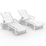 THOEOE Patio Chaise Lounge Chair Set of 2, Oversized Lounge Chair Outdoor with 5 Positions, HDPE, Patio Lounge Chair with Wheels & Cup Holder for Pool, Deck, Poolside,White
