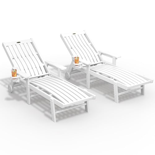 THOEOE Patio Chaise Lounge Chair Set of 2, Oversized Lounge Chair Outdoor with 5 Positions, HDPE, Patio Lounge Chair with Wheels & Cup Holder for Pool, Deck, Poolside,White
