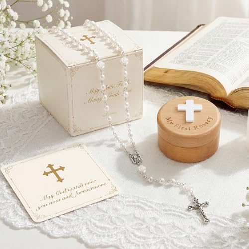 Image of NORBU Baptism Gifts for Girl, My First Rosary with Ceramic Keepsake Box, Rosary for Kids, First Communion & Baby Dedication Gifts for Newborn Baby Boys Catholic Christening Gift