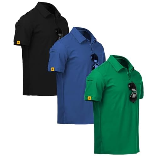 V VALANCH 3 Pack Polo Shirts for Men Short Sleeve Golf Tennis Work Summer Moisture Wicking Shirts Medium Forest Green+blue+black