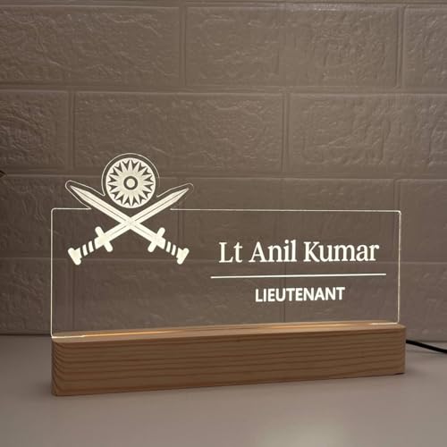 Image of Personalized Acrylic Desk Name Lamp for Army Officers | Custom LED Light with Name, Designation & Regimental Crest | Lieutenant, Major, Colonel, Brigadier, General Gift | Best Indian Army Gift (10 x 6 inch) (For Army Officer)