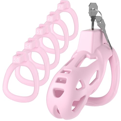 Yivans Harz Keuschheitskäfig Sex Spielzeug für die Männer Keuschheitsgürtel Cock Cage mit 5 Penisringe SM Fetisch Extrem Penis Bondage Hohldesign Atmungsaktiv Peniskäfig(Pink - M)