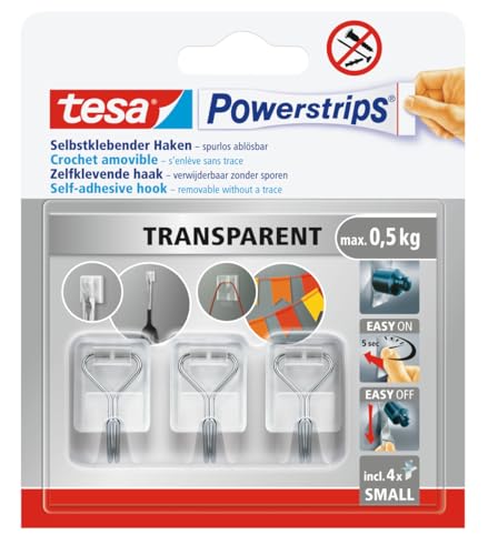 Tesa Powerstrips Crochet Adhésif Mural Small - Crochets Autocollants avec Fil Amovible - Crochets Muraux pour la Maison - Montage sans Perçage - Transparent - 3 x Crochets, 4 x Powerstrips