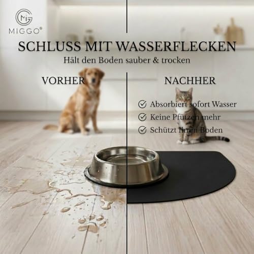 Miggo® Premium Napfunterlage [saugfähig & rutschfest] Katzen Zubehör | Napfunterlage Hund Katze Katzenmatte Futtermatte Katzen | Schuhmatte Hundenapf Unterlage für Futter, Wasser, Brunnen | Kunstleder