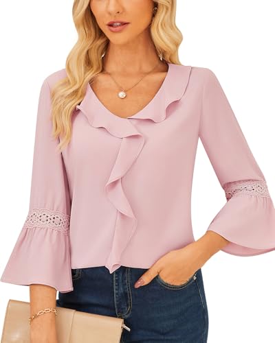 Ruffled Pink Blouses for Women 3/4 Sleeve Summer Pink Tops V Neck Lace Patchwork Shirts Classy Casual Outfits for Women