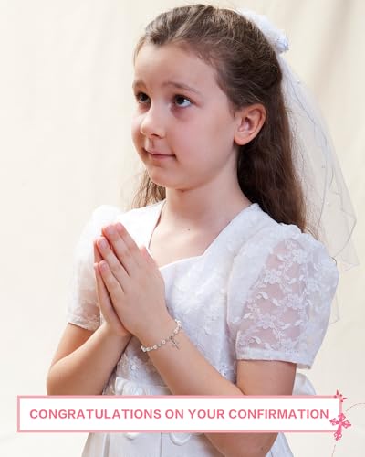 Image of Eaciy First Communion Gifts for Girls - Pearl Cross Bracelet for Girls First Holy Communion, Baptism, Confirmation Gifts for Teen Girls Granddaughter Daughter Niece