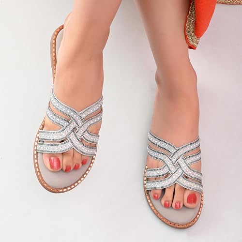 Image of Centrino Women's Beaded Flat Sandals| Open Toe Stylish Slip-On Sandals for Ladies | Metallic Crisscross Straps with Soft Cushioned Footbed for Comfort | Lightweight Casual Fashion Footwear (9305)