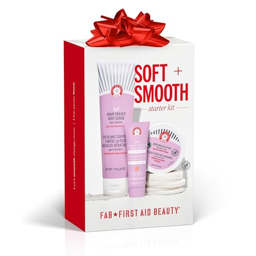 First Aid Beauty Soft + Smooth Starter Body Kit: KP Bump Eraser Body Scrub, 4 oz, Smoothing + Brightening Lotion (Peach), 1oz, & Ingrown Hair Pads, 28 Pads, Exfoliation & Hydrating Skin Care Set, 3ct