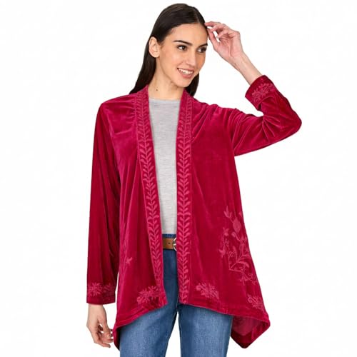 Image of Women's Embroidered Velvet Open Front Cardigan Jacket - Raspberry 3X
