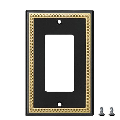 Pearled Frame Decorative Wall Plate Switch Plate Outlet Cover (Single Decorator, 2 Pack, Matte Black & Dark Golden) #TOP5