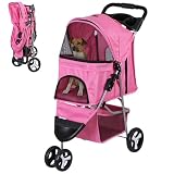 Epetlover 3 Wheels Dog Stroller Folding Pet Strolling Cart for Small Medium Cats Puppies Portable Jogger Travel Camping Puppy Carrier with Storage Basket Cup Holder, Pink
