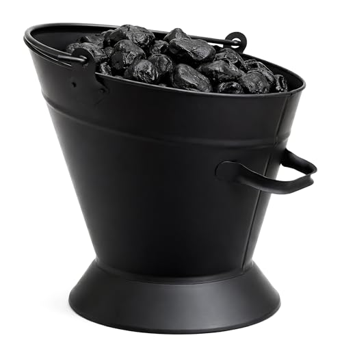 iTrend Heavy Duty Coal Bucket for Fireplace Large Black Metal Coal Scuttle with Carry & Pour Handles Powder Coated Steel Fuel Storage for Coal Logs & Ash