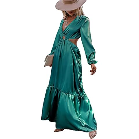 Glamaker Women's Satin V Neck Maxi Dress Long Sleeve Sexy Cut Out Long Dress Cocktail Club Party Evening Dress, Dark Green, X-Large Cover