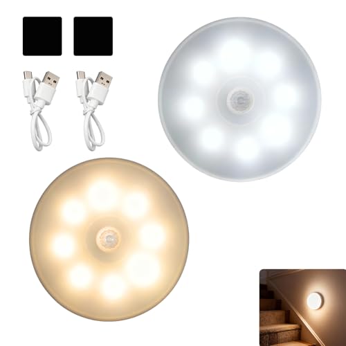 Zuahaly 2 Unidades De Luz Nocturna Recargable Con Sensor De Movimiento – Iluminación LED Para Interiores, Ideal Para Escaleras, Armarios Y Habitaciones Infantiles – 3 Modos De Luz Y Carga USB