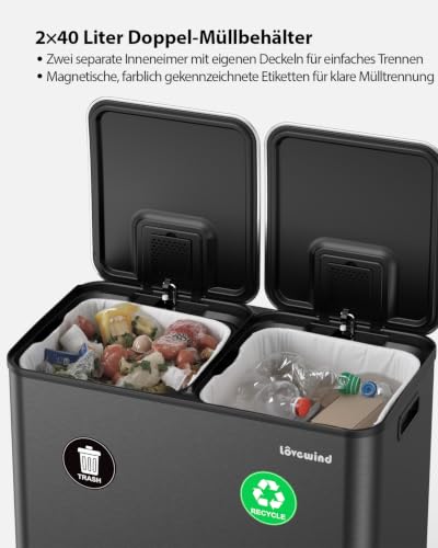 lovewind Mülleimer Küche 80L, 2 x 40L Mülltrennsystem mit 2 Fächern, Edelstahl Tretmülleimer mit Soft-Close Deckel… – Ansicht 3