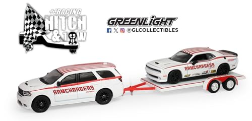 Greenlight Collectibles 1:64 Racing Hitch & Tow Series 6-2018 Dodge Durango and 2016 Dodge Challenger SRT/Hellcat with Flatbed Trailer 31190-B