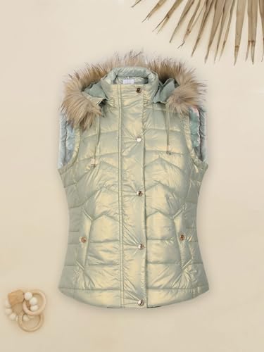 Image of CHKOKKO Girl's Polyester Winter Wear Sleeveless Zipper Hooded Standard Length Puffer Jacket